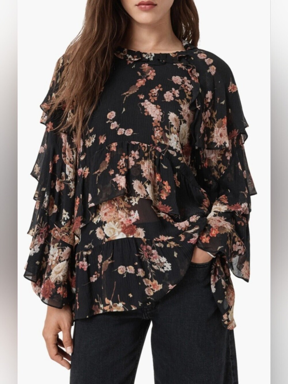 AllSaints Black Floral Sheer Blouse with Ruffle Hem NWT